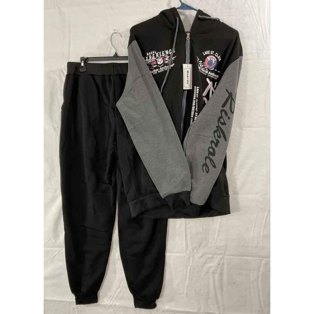 Riskrole Tracksuit Mens XL Black Gray Fleece Hoodie Joggers Nautical 2 Piece Set